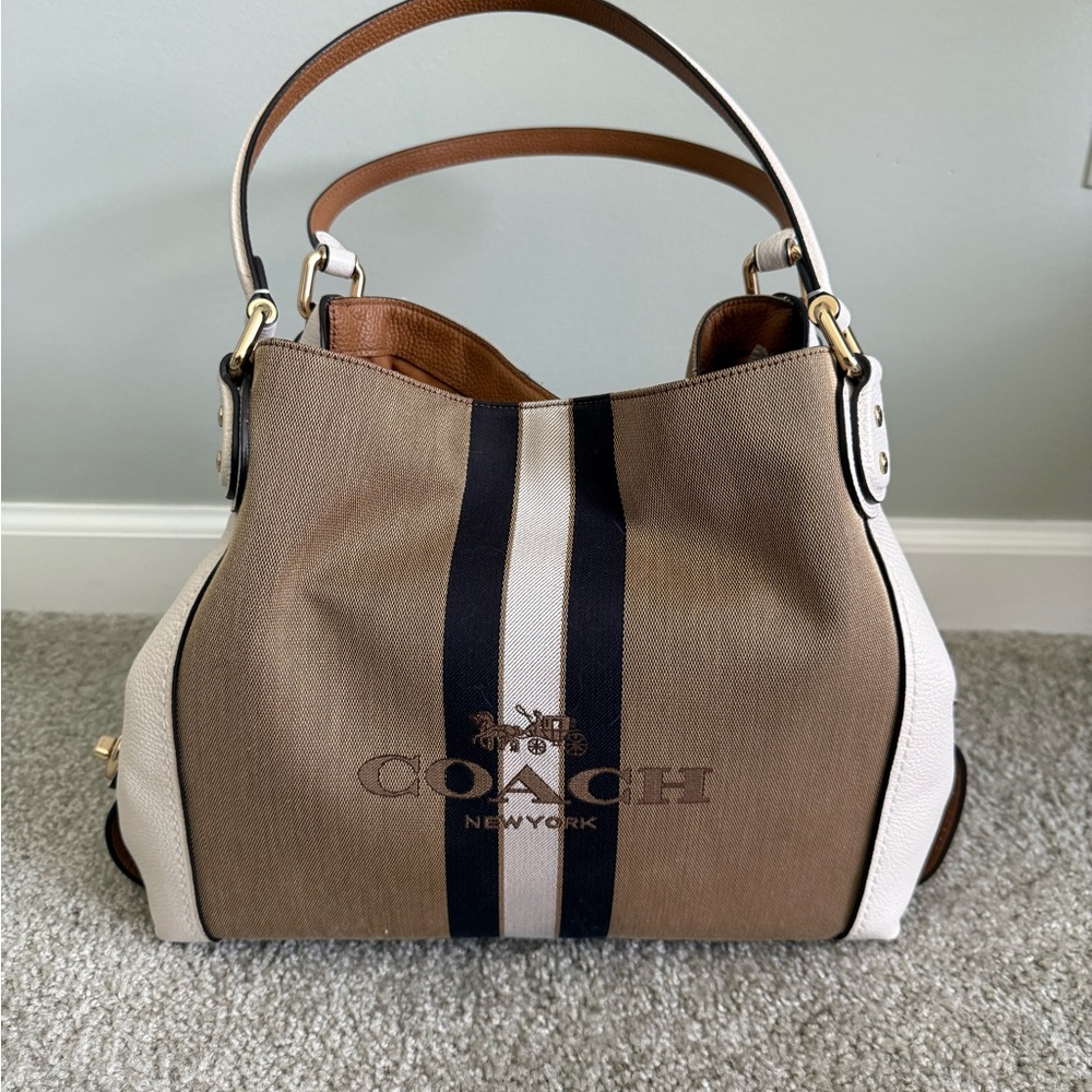 Coach Brown and White Shoulder Bag with Leather Trim